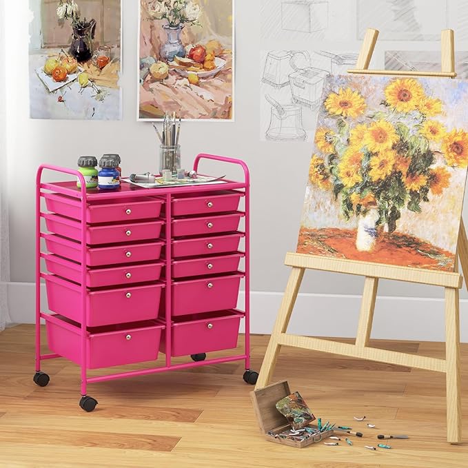 Happygrill 12-Drawer Rolling Storage Cart, Multipurpose Storage Cart W/Lockable Wheels, 2 Sizes Plastic Drawers & Metal Shelf, Mobile Utility Cart for Home Office School (Hot Pink)