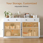 TaskStorz Metal Storage Cabinet with 2 Doors and 1 Drawer, Farmhouse Buffet Cabinet with Storage, 32.3" H Coffee Bar Cabinet with Storage for Kitchen, Dining Room, Hallway, White