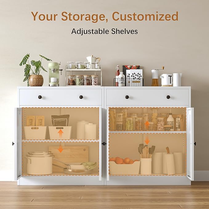TaskStorz Metal Storage Cabinet with 2 Doors and 1 Drawer，Farmhouse Buffet Cabinet with Storage，32.3" H Coffee Bar Cabinet with Storage for Kitchen, Dining Room, Hallway, White