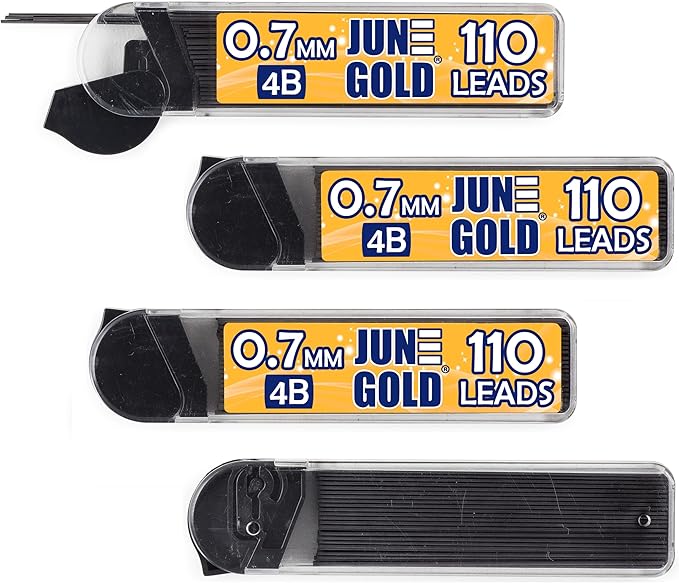 June Gold 440 Pieces, 0.7 mm 4B Lead Refills, 110 Pieces Per Dispenser, Medium Thickness, Break Resistant Lead/Graphite (Pack of 4 Dispensers)