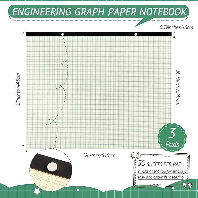 Fainne 3 Pcs Large Engineering Graph Paper Grid Graph Paper Pad Giant Drafting Pad Blueprint Sketching Graph Paper Engineer Architect Designer Mathematician Draftsman (Beige, Green,22x17inches)