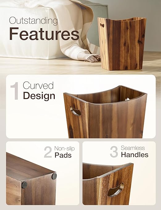 Tidita 2 Gallons Rectangular Wastebaskets - Acacia Wood Waste Basket with Handles - Small Trash Can for Bathroom - Brown Garbage Bin for Spa Bathroom Decorative, Kitchen Counter, Living Room (Walnut)