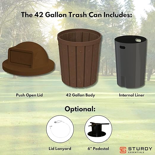 Campus Collection 42 Gallon Slatted Round Heavy-Duty Plastic Commercial Outdoor or Indoor Trash Can with Push Open Dome Lid and Internal Liner | Great for Schools and Businesses - Brown Granite