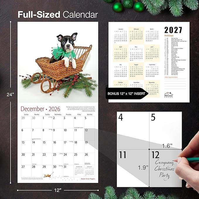 MICASA PRESS Boston Terrier Puppies 2026 Wall Calendar 12 Month | 12" x 24" Open | Thick & Sturdy Paper | Holiday Gift | Cute Puppy Dog Calendar 2026