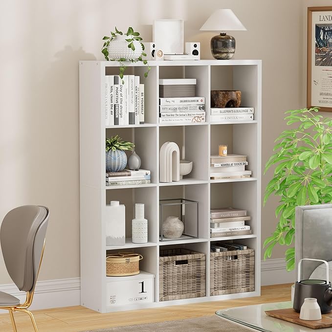 Jpiziso 12-Cube Storage Organizer, Wooden Cube Shelf Bookcase with Reinforced Thick Shelves, Heavy-Duty 36.93" L x 9.37" W x 48.82" H, for Living Room Bedroom Home Office, White