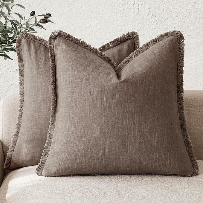 Foindtower Set of 2 Decorative Linen Fringe Throw Pillow Covers Cozy Farmhouse Cushion Cover with Tassels Accent Pillowcase for Couch Chair Sofa Bed Living Room Home Decor,24×24 Inch,Light Coffee