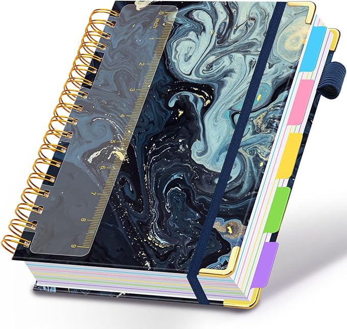 Spiral Journal Notebooks for Work, 300 Pages 5 Subject Notebook College Ruled with Dividers & Tabs, 8''x 10'' Large Notebook Journal for Women Students Note-Taking and Organizer (Navy Marble)