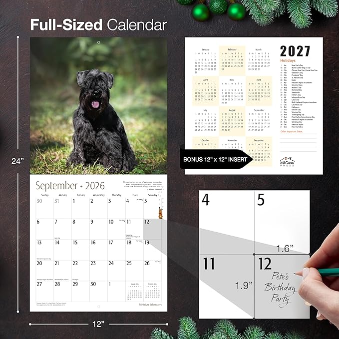 MICASA PRESS Miniature Schnauzers 2026 Wall Calendar 12 Month | 12" x 24" Open | Thick & Sturdy Paper | Holiday Gift | Cute Puppy Dog Calendar 2026