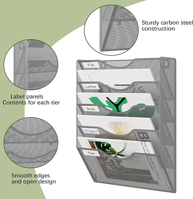 EasyPAG 5 Pocket Mesh Wall File Organizer, Hanging Paper Folder Holder with Classify Label, Vertical Wall Mount Mail Organizer for Office Home Classroom, Silver
