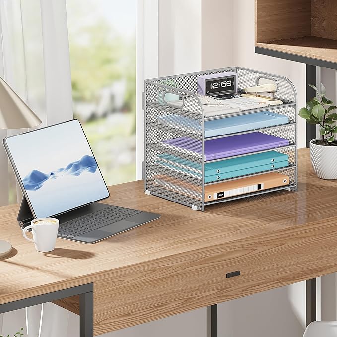 Cawukege 5 Tier Paper Organizer with Handle, Metal Mesh Desk Organizer File Folder Paper Letter Tray Desktop Document Sorter for Classroom, School, Office Accessories Organization and Storage - Silver