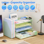 OPNICE Desk Organizer, 4-Tier Desktop File Organizer with Drawer and 2 Pen Holders, Office Desk Accessories, File Sorters, Workspace Organizers for Office Supplies(Green)
