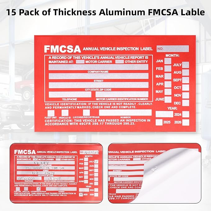 15-Pack Annual Vehicle Inspection Report Form, 3-Ply Carbonless Form and Hardboard, Includes 15-Pk Red FMCSA DOT Permanent Aluminum Adhesive Stickers, DOT Compliant