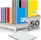 Rosmonde 50 Pack, 1 Subject Spiral Notebook College Ruled Bulk, 140 Pages (70 Sheets), Thick No-Bleed Paper, 8 x 10-1/2", 3 Hole Punched, College Ruled Notebook 1 Subject Bulk, Subject Notebook