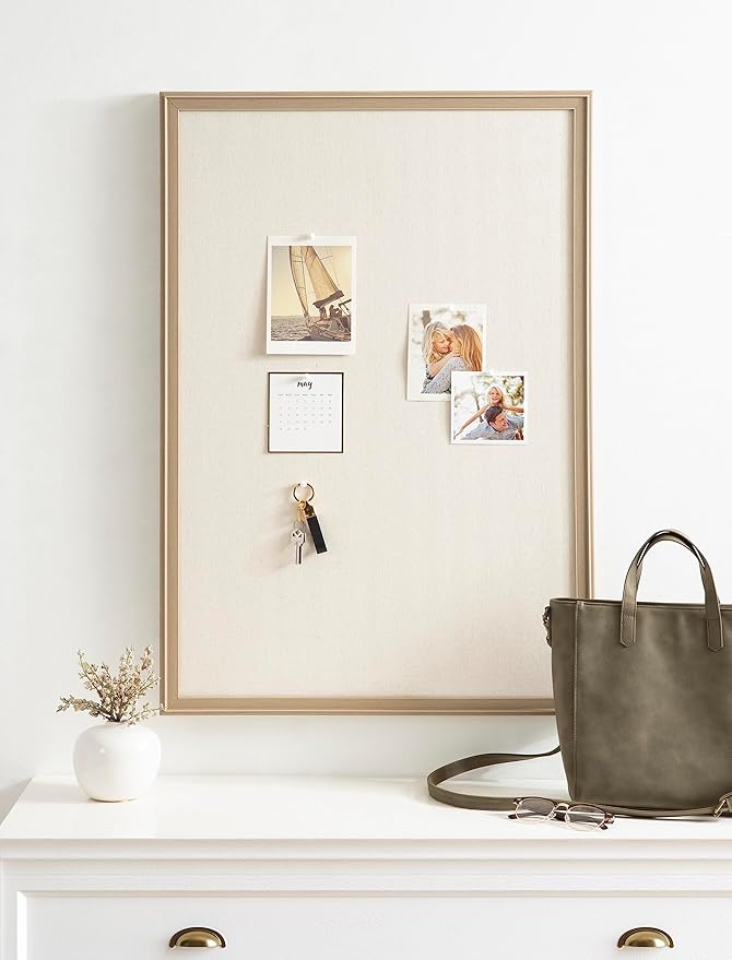 Kate and Laurel Oakhurst Rectangle Framed Linen Fabric Pinboard; 24 x 36; Light Tan; Traditional Decorative Bulletin Board with Stepped Profile and Lightly Distressed Finish