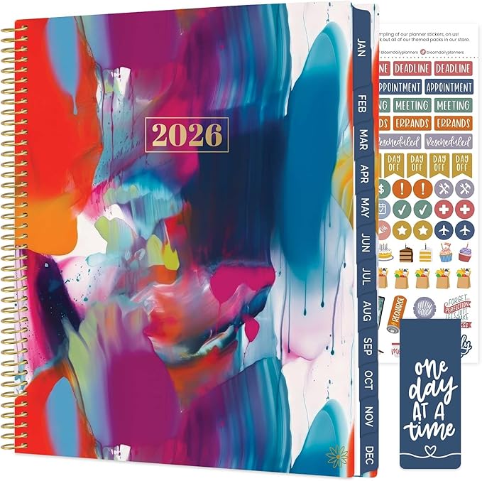 bloom daily planners 2026 Planner (January to December) - 8.5” x 11” Weekly & Monthly Dated Agenda Organizer Book with Stickers & Tabs - Flexible Soft Cover - Brilliant Brushstrokes