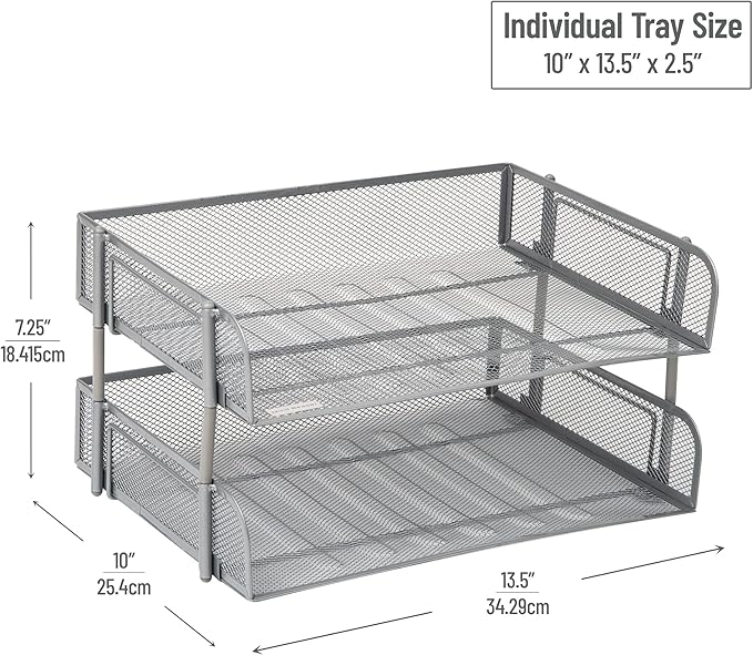 Mind Reader Stackable Paper Tray, Desktop Organizer, File Storage, Office, Metal Mesh, 13.5" L x 10" W x 7.25" H, 2 Pcs., Silver