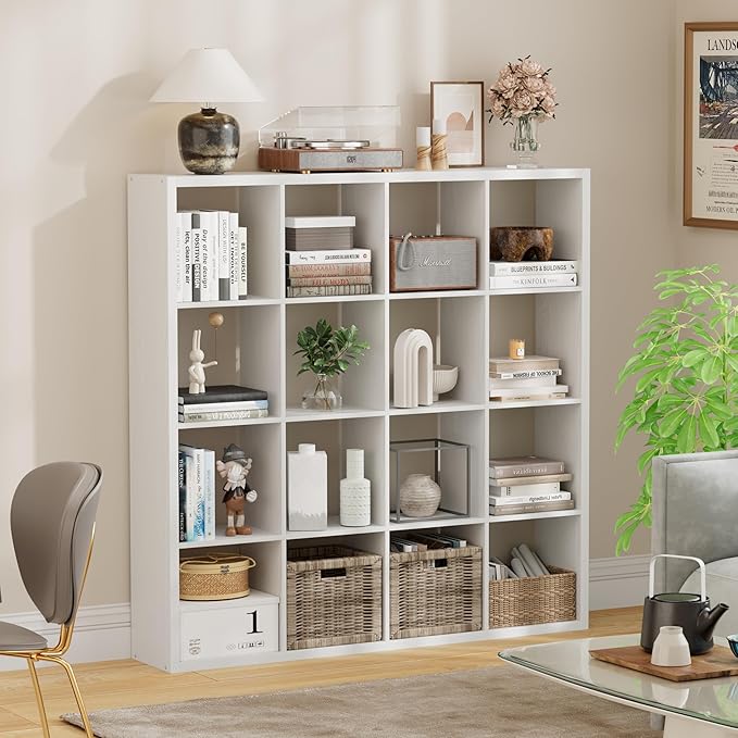 Jpiziso 16-Cube Storage Organizer Bookcase, Thick Frame Wood Grain Storage Shelf, Rectangular Cube Open Back Display Unit, 48.8x9.4x48.8 Inches for Living Room, Bedroom, Home Office, Embossed White