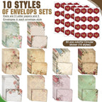 TaoBary 160 Pcs Stationery Paper Set 50 Double Sided Stationery Papers with 50 Matching Envelopes and 60 Round Dot Sticker, 10 Design(Vintage Floral,5.5 x 8.25 Inch)