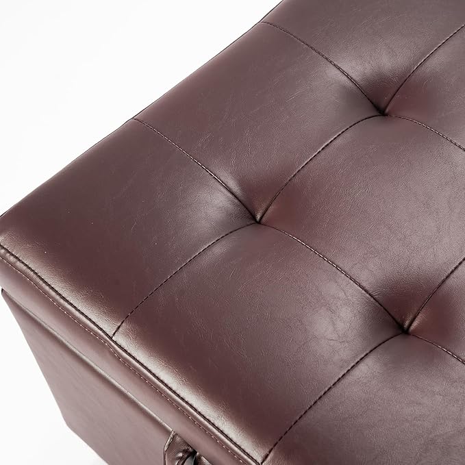 Asense 17 Inch Storage Ottoman Foot Rest,Square Faux Leather Foot Stool,Small Ottoman with Storage,Padded Seat for Entryway,Living Room,Bedroom,Couch,Under Desk,Brown