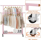 Calmootey Double Rod Clothing Garment Rack,Rolling Hanging Clothes Rack,Portable Clothes Organizer for Bedroom,Living Room,Clothing Store,Pink