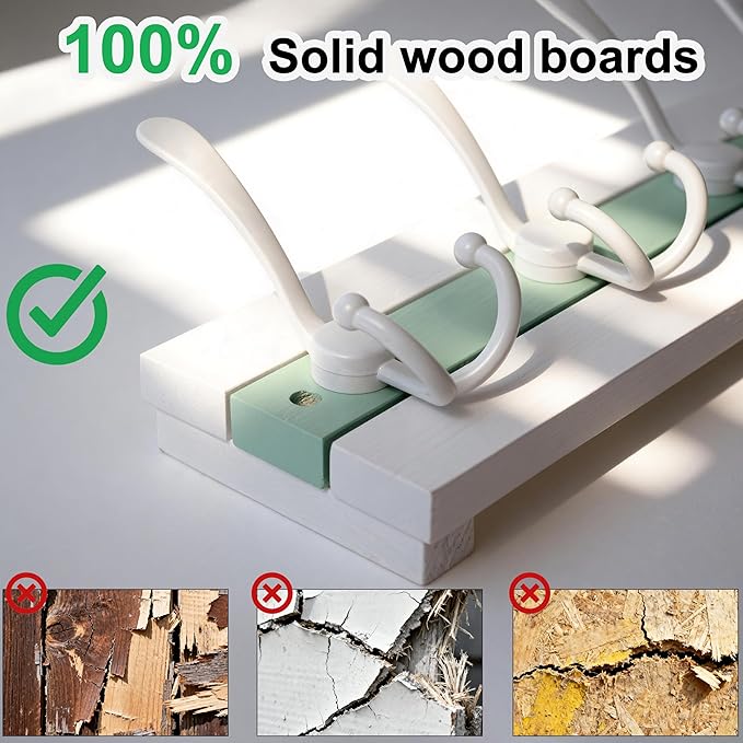 SKOLOO Coastal Wall Mounted Coat Rack - 16-7/8" Beach House Entryway Wooden Coat Hook with 5 Hooks for Hanging Coats, Hats or Towels, Oceanfront Cottage Core Collection, White & Green, Pack of 2