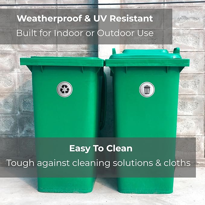 Trash and Recycle Stickers Set of 2 | Indoor Outdoor UV Stable & Weatherproof | Kitchen Pantry Office Organization | Garbage Bin and Waste Basket Label | 3x3 Inch Round Recycling and Trash Sticker
