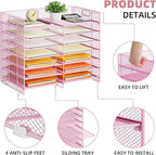 Marbrasse Desktop Literature Organizer, 12 Compartments Mesh Paper Organizer Desk Organizers, Adjustable File Sorter Mail Center Paper Storage Cabinet Classroom Mailbox for Office Home School, Pink