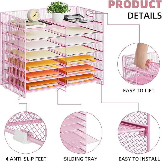 Marbrasse Desktop Literature Organizer, 12 Compartments Mesh Paper Organizer Desk Organizers, Adjustable File Sorter Mail Center Paper Storage Cabinet Classroom Mailbox for Office Home School, Pink