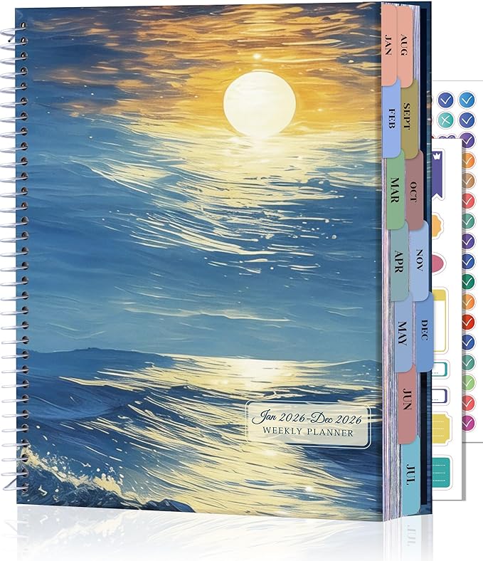 CAGIE 2026 planner weekly and monthly: 12 Months Jan 2026 - Dec 2026 Hardcover Yearly Daily Planner 2026 monthly planner 8.5 x 11, Large Spiral Bound Calendar Planner for Women Weekly Agenda with Tabs Stickers, Sea