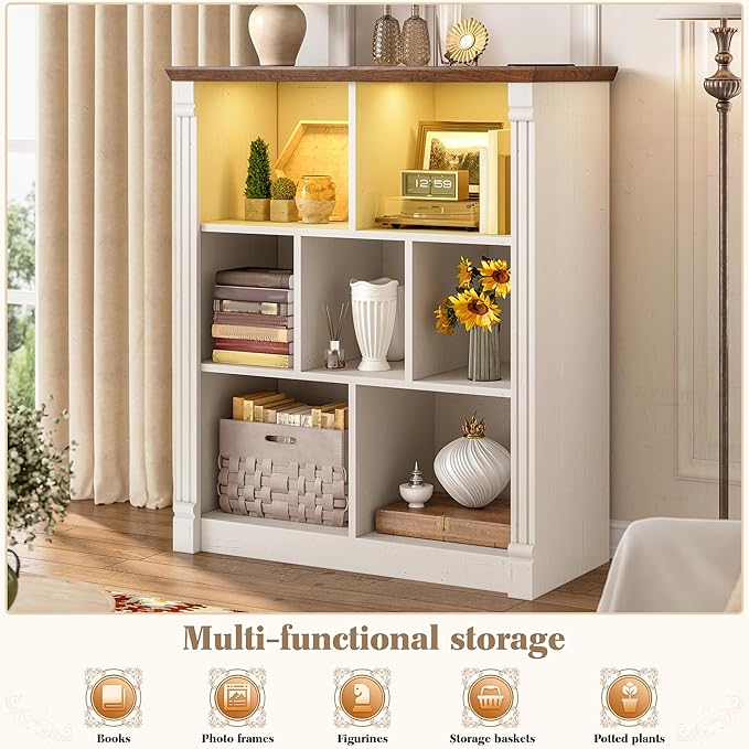 EnHomee 7 Cube Storage Organizer with LED Light and Charging Station Wood Cube Shelf White Bookshelf for Bedroom Living Room,Office,White