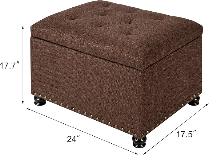 Decent Home 24" Storage Ottoman, Fabric Ottoman Foot Rest Stool with Hinged Lid, Tufted Rectangle Upholstered Footstool, Load Up to 350 lb, for Living Room, Bedroom, Dorm, Coffee Brown