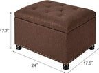 Decent Home 24" Storage Ottoman, Fabric Ottoman Foot Rest Stool with Hinged Lid, Tufted Rectangle Upholstered Footstool, Load Up to 350 lb, for Living Room, Bedroom, Dorm, Coffee Brown