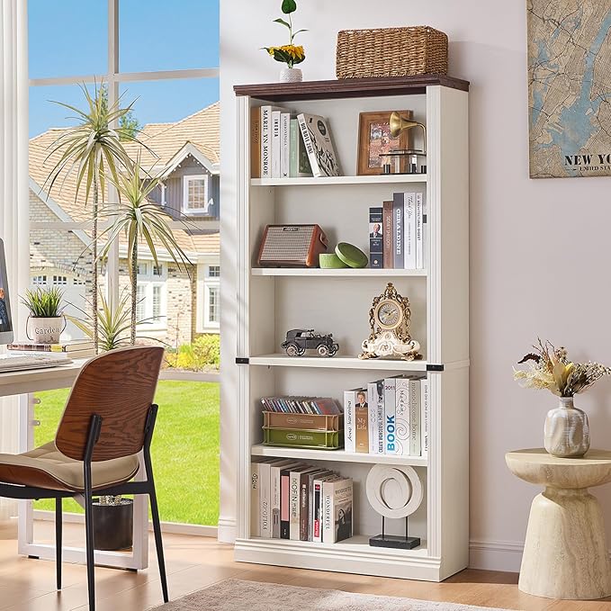 RWYHG 70" White Tall Bookshelf,5-Tier Thick Wooden Book Shelf with Adjustable Shelves,Free Standing Farmhouse Bookcase with Open Display Storage,Floor Vintage Bookshelves for Living Room,Office