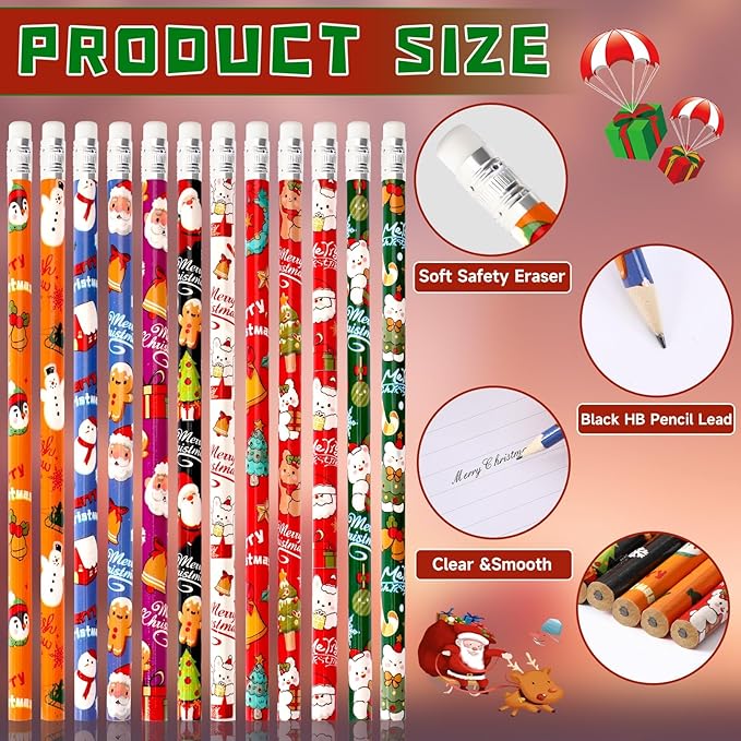 JULMELON 72PCS Christmas Party Favors Set, 36PCS Christmas Pencils with 36PCS Snowman Snowflake Santa Erasers, Pencils for School Classroom Winter Holiday Party Reward Supplies