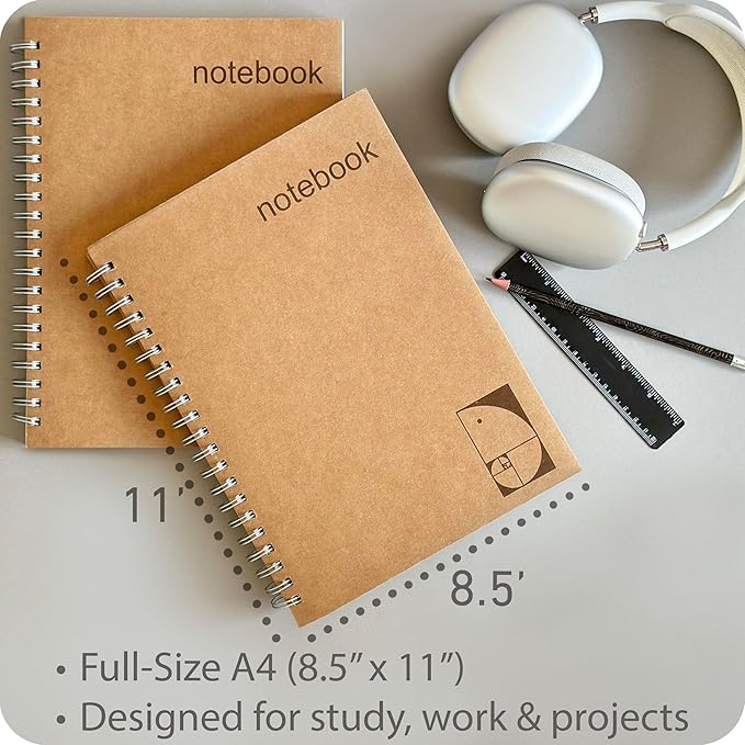 le vent 2-Pack A4 Dot Grid Spiral Notebooks - 8.5 x 11 Dotted Journals with 200 Pages of Premium 100gsm Thick Ink-Proof Paper - Large Bullet Journal for Writing, Sketching, and Work