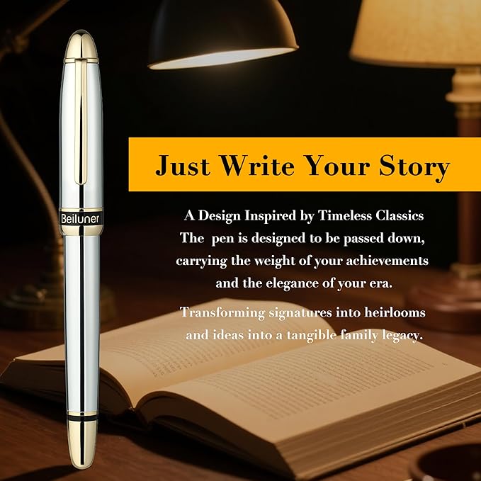 BEILUNER 315 Silver Chrome Fountain Pen,Stunning Luxury Pens with 24K Gold Accents, Gorgeous 24K Gilded Nib(Fine), Ink Converter,Fancy Pen Gift for Men&Women-Elegant, Office, Writing, Nice Design