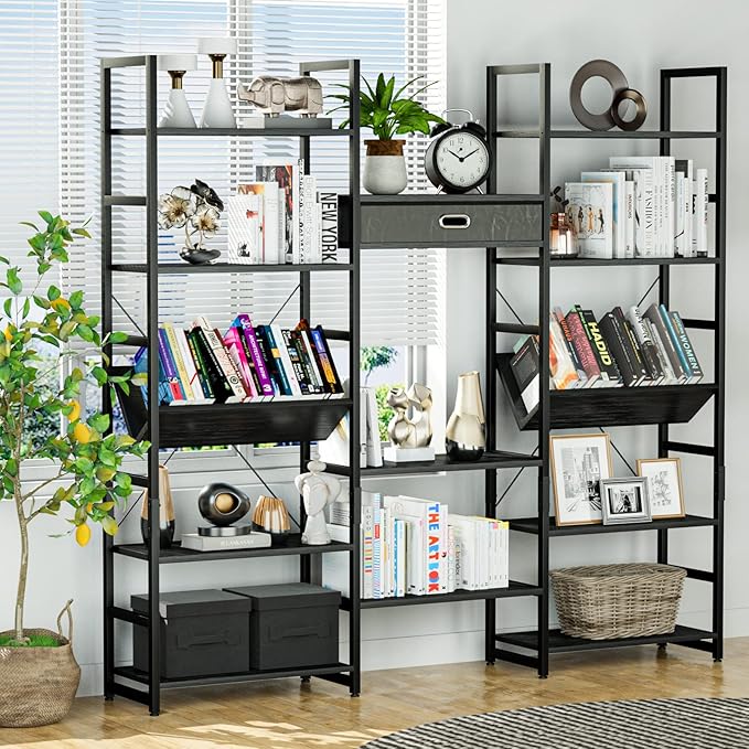 NUMENN Triple Wide 5 Tier Bookshelf, Adjustable Rustic Industrial Style Book Shelves, Modern Bookcases and Bookshelves Furniture for Bedroom, Living Room and Home Office, Elegant Black