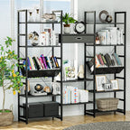 NUMENN Triple Wide 5 Tier Bookshelf, Adjustable Rustic Industrial Style Book Shelves, Modern Bookcases and Bookshelves Furniture for Bedroom, Living Room and Home Office, Elegant Black