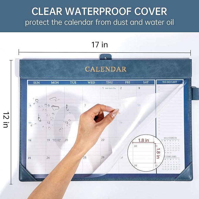 Yoment Desk Calendar 2026, Jan 2026-Dec 2027, 2026 Desk Calendar Large 17 x 12, 2026 Calendar with Plastic Cover, To-Do Lists, Leather Desktop Wall Calendar 2026-2027 for Office School Home, Blue