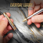 Scriveiner Silver Chrome Fountain Pen - Stunning Luxury Pen, Real Gold Finish, Schmidt Gilded Nib (Extra Fine), Best Gift Set for Men & Women Professional Executive Office Nice Designer Pen