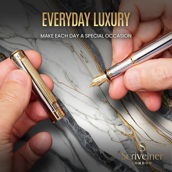 Scriveiner Silver Chrome Fountain Pen - Stunning Luxury Pen, Real Gold Finish, Schmidt Gilded Nib (Extra Fine), Best Gift Set for Men & Women Professional Executive Office Nice Designer Pen
