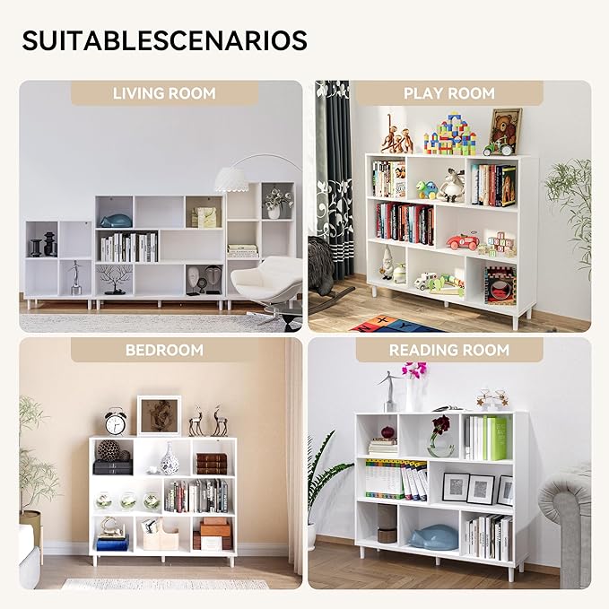 Chyanmoo Wood Cube Storage Organizer White Bookshelf - 3-Tier Freestanding Storage Cabinet with Legs for Home Office, 8-Cubes Open Shelf