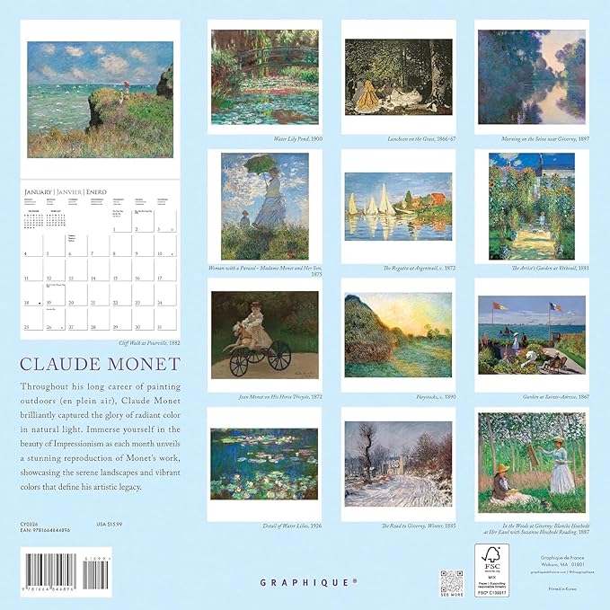 Graphique 2026 Monet Wall Calendar | 12” x 12” | Thick Paper | Home & Office Organizer | Large Monthly Grid | 3 Languages & Marked Holidays | 4 Month Preview Page for 2027