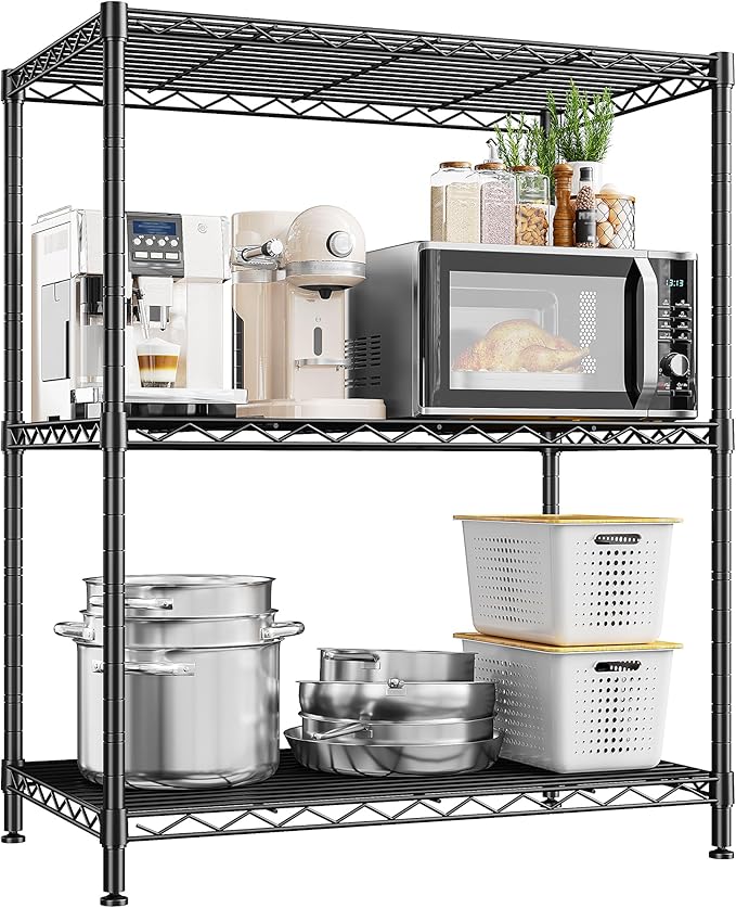 3 Tier Storage Shelves Metal Shelving Unit,Adjustable Wire Rack Pantry Kitchen Shelves,Small Shelf Wire Shelving for Laundry Office Bedroom Dorm Bathroom Closet 24" W x 30" H x 14" D Black Shelves
