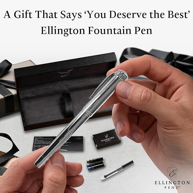 Ellington Pens Luxury Fountain Pen Set - Extra Fine Nib- Includes 3 Ink Cartridges, Refillable Ink Converter, Gift Box- Fountain Pens For Writing, Calligraphy, Journaling, Sketching (Silver Sonata)