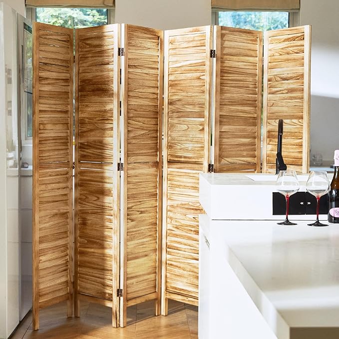 Room Dividers and Folding Privacy Screens, Wood Louvered Separators Divider Wall for Home Office Bedroom - 6 Panels, 67 * 90inch (Wood)