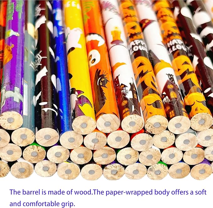 Jsehchya 72PCS Corlorful Halloween Wooden cased Pencils for Kids with Erasers, Wood Wedding Golf Pencils for School,Drawing,Gift (Halloween, 72)