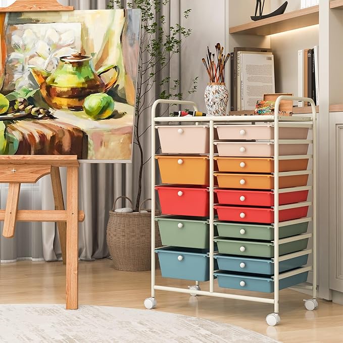 COSTWAY 15 Drawers Storage Cart, Multipurpose Rolling Utility Cart on Wheels w/Lockable Wheels & Removable Drawers, Mobile Tools Scrapbook Paper Organizer Cart for Office School Home, Macaron