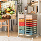 COSTWAY 15 Drawers Storage Cart, Multipurpose Rolling Utility Cart on Wheels w/Lockable Wheels & Removable Drawers, Mobile Tools Scrapbook Paper Organizer Cart for Office School Home, Macaron