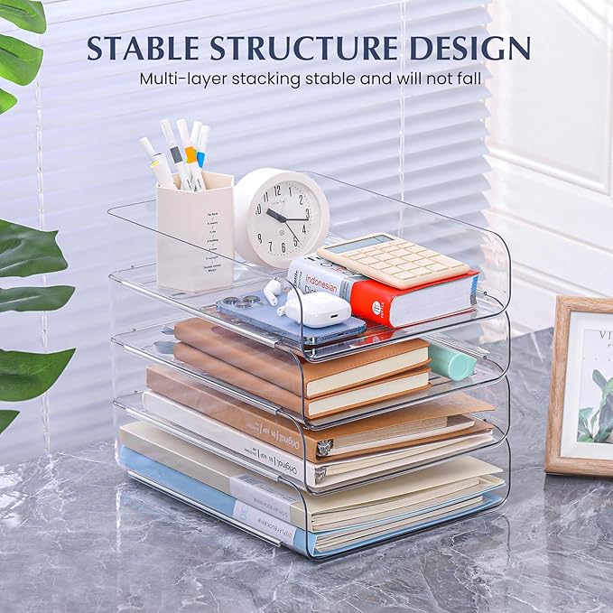 CiWiVOKi 2 Pack Stackable Paper Tray, Acrylic File Organizer for Desk, Office Organizer and Storage for Desk Accessories, Notes, Books, File Paper, Document